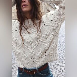 Zara Wool Blend Cable-Knit Pompom Sweater size Small